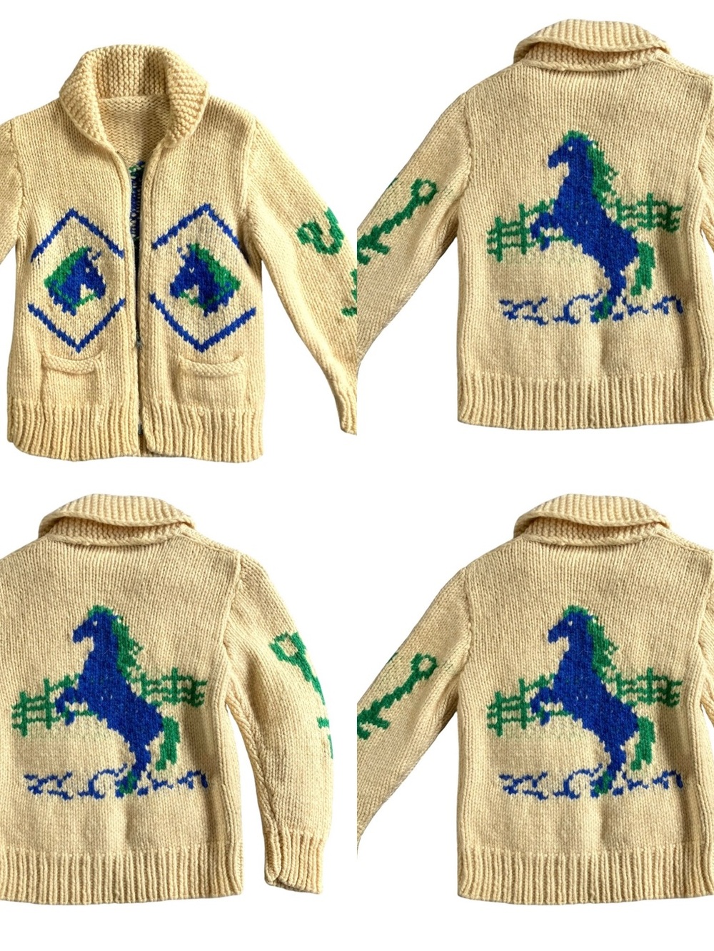 Mary Maxim 1950’s Cowichan sweater in cream with blue/ green horse graphic Youth